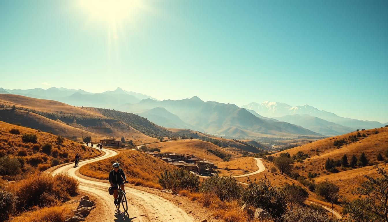 A sun-drenched Peruvian landscape with rolling hills, winding dirt roads, and lush vegetation. In the foreground, a group of cyclists navigate a scenic bicycle path, their colorful bicycles and gear contrasting against the earthy tones of the environment. Middle ground reveals local architecture, with adobe buildings and thatched roofs dotting the horizon. The background is dominated by the majestic Andes mountains, their snow-capped peaks reaching towards the clear, azure sky. Soft, warm lighting casts a golden glow over the entire scene, evoking a sense of tranquility and adventure. The composition showcases the blend of natural and human elements that epitomize the unique cycling experience in Peru.