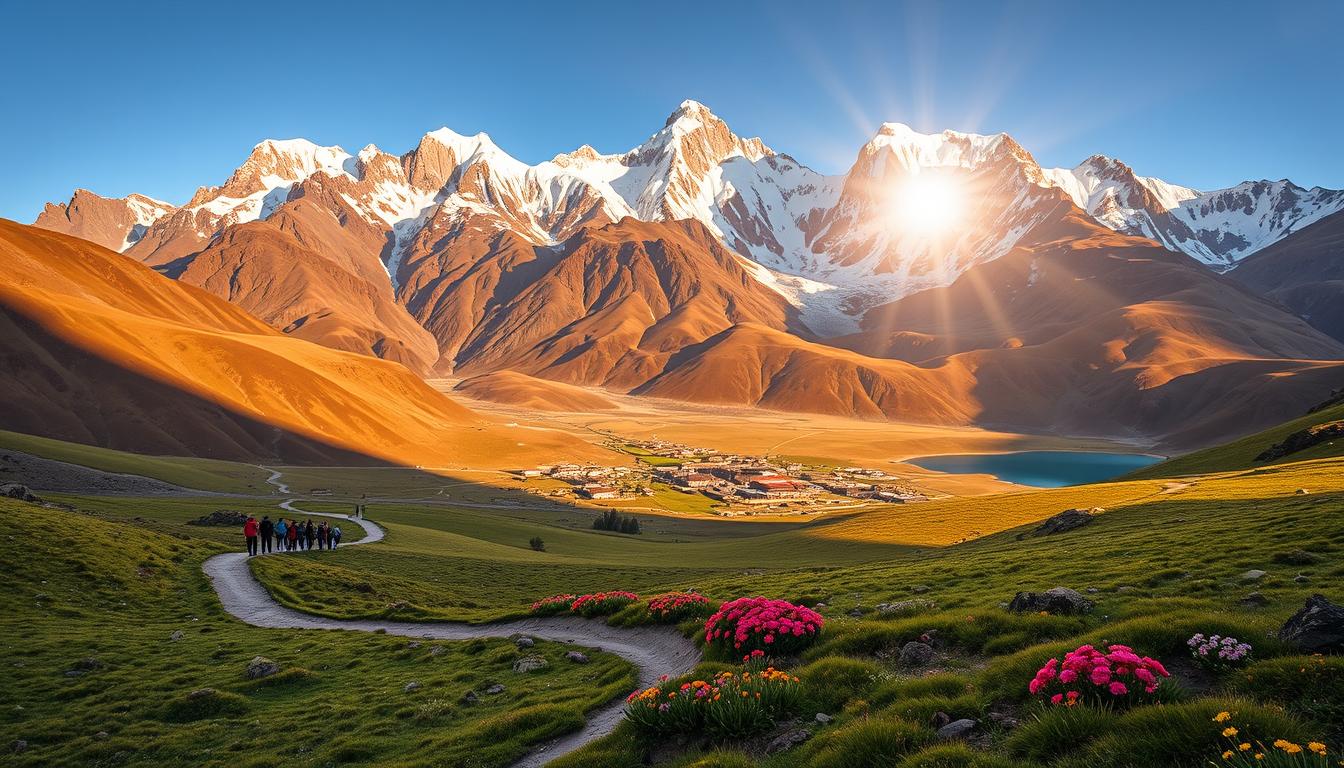 A majestic Andean landscape unfolds, as the sun casts a warm glow over the rugged, snow-capped peaks of Ausangate. In the foreground, a winding trail leads trekkers through lush meadows, dotted with vibrant wildflowers and azure lakes that reflect the towering mountains. In the middle ground, a traditional Quechua village nestles amidst rolling hills, its adobe structures and thatched roofs blending seamlessly with the natural surroundings. The background is dominated by the towering presence of Ausangate, its glaciers gleaming in the afternoon light, casting long shadows across the scene. The overall atmosphere is one of serene adventure, inviting the viewer to experience the breathtaking beauty and cultural richness of this Andean wonderland.