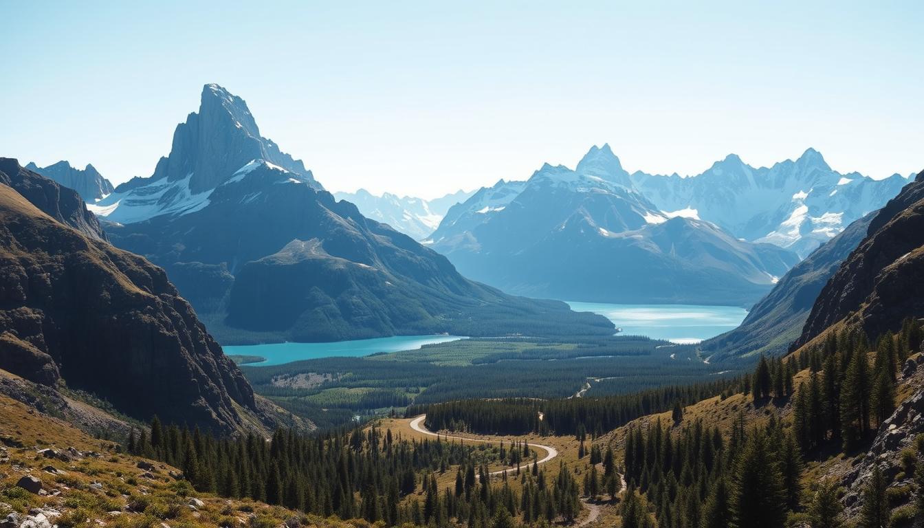 Torres del Paine National Park, a majestic landscape in the Patagonian region of southern Chile. In the foreground, towering granite peaks rise dramatically against a clear, azure sky, their jagged silhouettes casting long shadows across the glacial lakes below. The middle ground is dotted with vibrant green forests, their verdant hues contrasting with the rugged, snow-capped mountains in the distance. A winding hiking trail leads through the valley, inviting adventurous backpackers to explore this untamed wilderness. The lighting is soft and diffused, creating a serene, ethereal atmosphere that captures the tranquility and grandeur of this natural wonder. Capture this breathtaking scene with a wide-angle lens, showcasing the scale and majesty of Torres del Paine in all its glory.