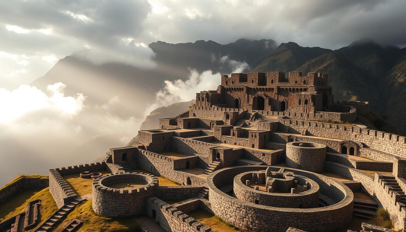 Kuelap Fortress, an ancient Chachapoya architectural marvel nestled in the Peruvian Andes. A sprawling stone citadel, its massive walls and intricate geometric patterns stand tall against a backdrop of lush, misty mountains. Sunlight filters through the clouds, casting dramatic shadows across the weathered structures. Explore the labyrinthine layout, with circular buildings and narrow passageways that once housed a thriving civilization. Capture the grandeur of this "Northern Machu Picchu," its unique blend of defensive and ceremonial elements, conveying a sense of historical significance and timeless wonder.
