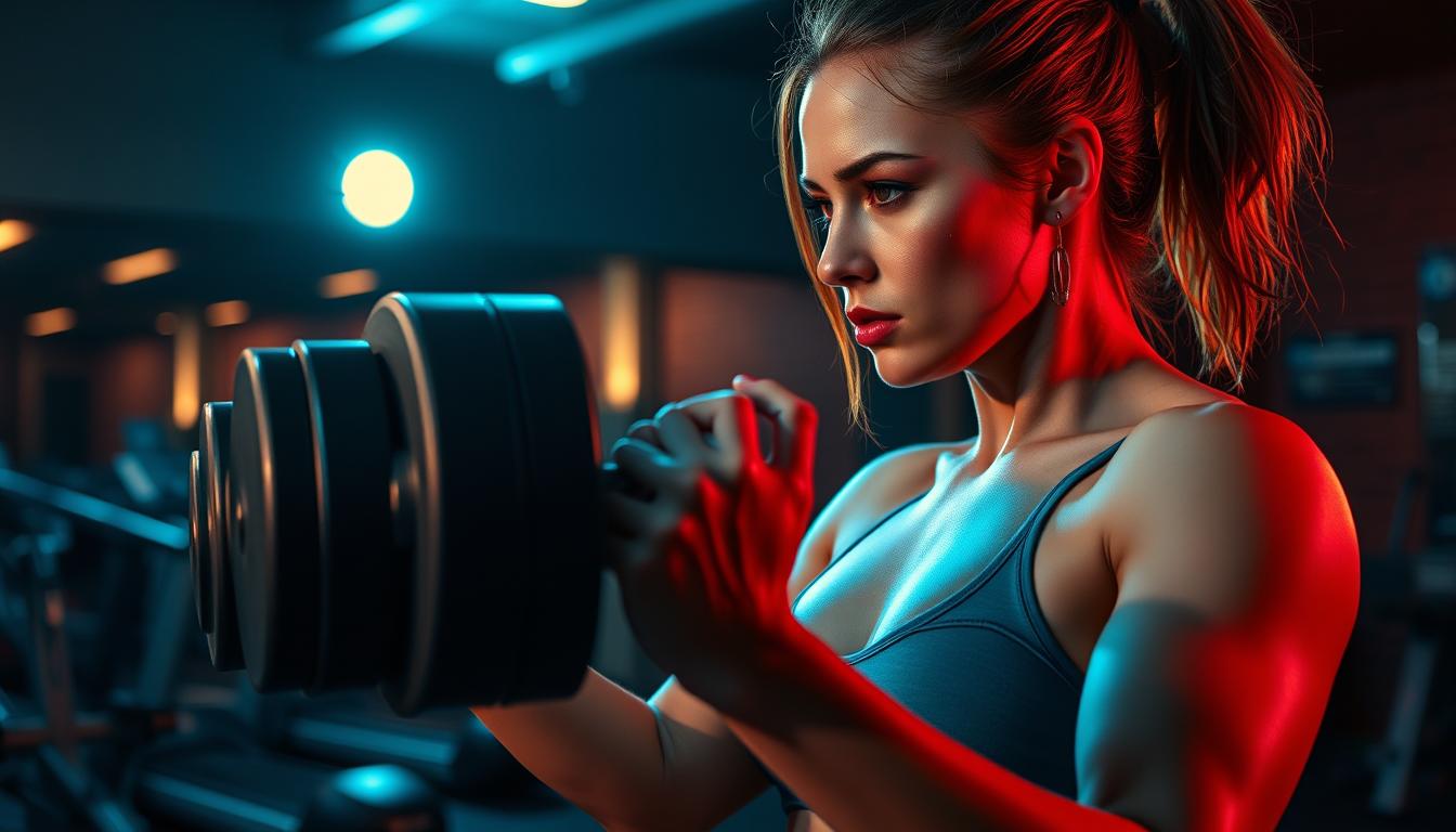 A toned, athletic woman performs powerful strength exercises at a well-lit fitness studio. Her defined muscles ripple as she lifts heavy weights, her expression determined. In the background, cardio equipment stands ready, hinting at the optimal combination of strength training and cardiovascular workout. Dramatic, moody lighting casts dramatic shadows, highlighting the woman's muscular form. The scene conveys a sense of focused intensity, the perfect balance of power and endurance.