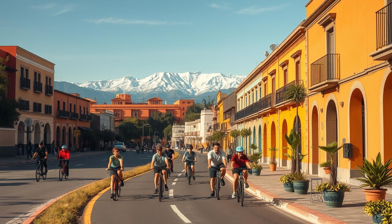 A bustling Peruvian city street, bathed in warm afternoon sunlight. In the foreground, a dedicated bike lane winds through the urban landscape, with cyclists of all ages leisurely making their way. The middle ground showcases the vibrant façades of colonial-style buildings, their bright hues contrasting with the lush greenery of potted plants adorning the sidewalks. In the background, the iconic Andes mountains rise majestically, their snow-capped peaks creating a breathtaking backdrop. The scene conveys a sense of community, sustainability, and the harmonious integration of modern transportation and traditional architecture, reflecting the success of Germany's funding support for Peru's bicycle infrastructure.