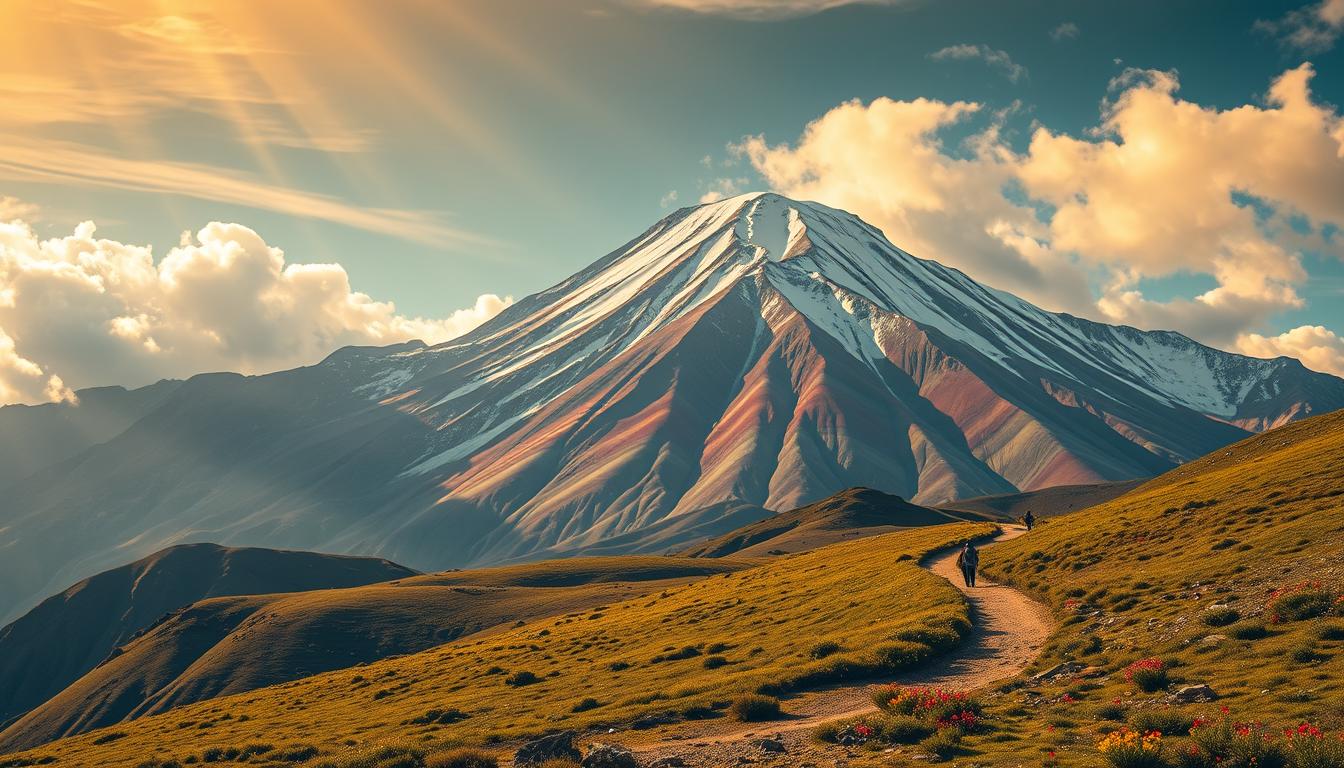 A majestic, snow-capped Rainbow Mountain rises amidst a breathtaking Andean landscape. Vibrant layers of mineral-rich sedimentary rock create a mesmerizing spectrum of colors, stretching across the rugged terrain. In the foreground, a winding path leads hikers through the tranquil alpine meadows, dotted with colorful wildflowers. Shafts of warm, golden sunlight filter through wispy clouds, casting a serene, ethereal glow over the entire scene. The image captures the awe-inspiring beauty and the peaceful, adventurous spirit of this natural wonder, ready to inspire and guide explorers on their journey to the Peruvian Rainbow Mountain.
