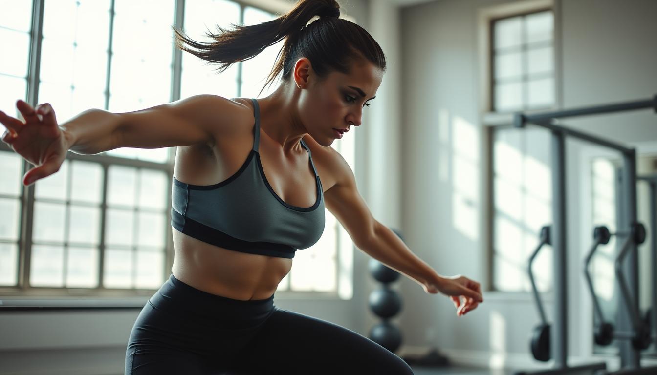 Fit woman with defined muscles performing dynamic, powerful exercise movements in a well-lit fitness studio. Focused expression, intense physical exertion during menstrual cycle. Flowing athletic wear, natural lighting from large windows creates dramatic shadows. Capturing the strength, determination, and resilience of the female form during this physiological phase.