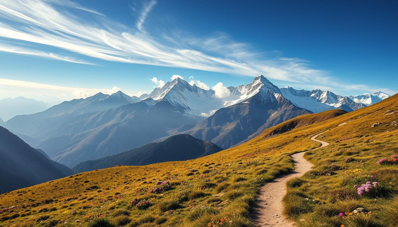 A breathtaking landscape of the Peruvian Andes, captured in vivid detail. In the foreground, a winding mountain trail leads the eye through a serene, grassy meadow dotted with vibrant wildflowers. In the middle ground, rugged, snow-capped peaks rise majestically, their slopes bathed in warm, golden sunlight filtering through wispy clouds. The background is dominated by a vast, deep-blue sky, with just a hint of hazy, distant mountains on the horizon. The scene conveys a sense of tranquility, adventure, and the grandeur of Peru's highland geography, perfect for illustrating practical travel tips for this captivating destination.