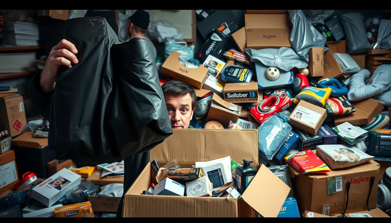 A chaotic online shopping scene unfolds, showcasing a series of hilarious product mishaps. In the foreground, a customer holds up a comically oversized item, eyes wide with bewilderment. In the middle ground, packages spill out of a cardboard box, revealing the unexpected contents. The background is a jumble of household items, each with its own unique purchasing blunder. Dramatic lighting and a sense of absurdity pervade the scene, creating a comical and relatable atmosphere. The image captures the spirit of the "Funny Amazon Reviews: Adding to the Chaos" section, inviting the viewer to chuckle at the unexpected and the bizarre in online shopping. Man peeking out of an Amazon box in a cluttered room filled with packages, books, and random items like a soccer ball and electronics, illustrating an overwhelming online shopping delivery experience.