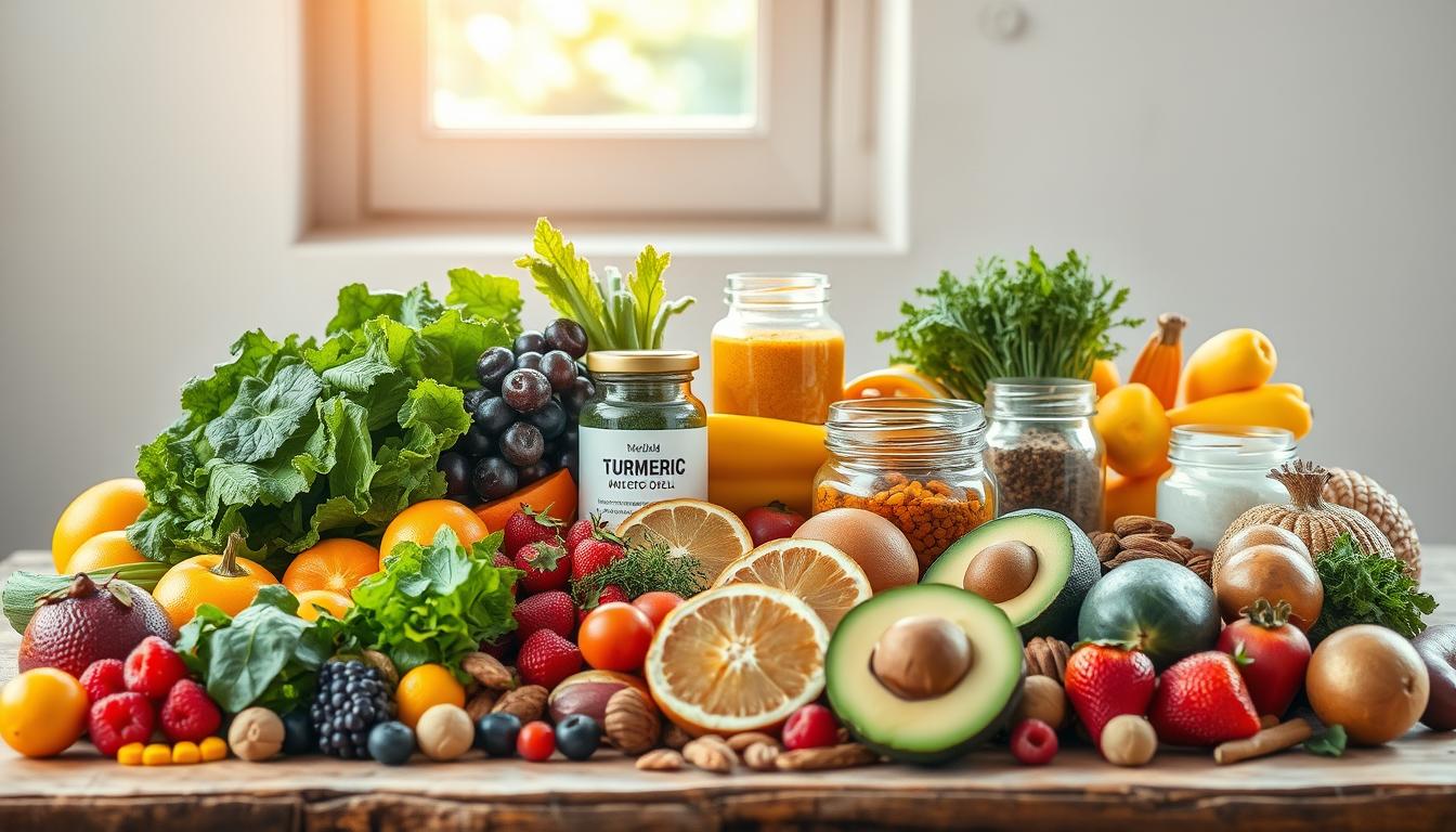 A vibrant still life arrangement showcasing a selection of nutrient-dense longevity diet foods. In the foreground, a variety of colorful fruits and vegetables - leafy greens, berries, citrus, avocados, and nuts - are carefully arranged on a rustic wooden table. The middle ground features glass jars filled with supplements like turmeric, omega-3 rich fish oil, and antioxidant-packed powders. Soft, natural lighting from a window illuminates the scene, casting a warm, healthy glow. The overall mood is one of abundance, vitality, and the pursuit of a long, fulfilling life through mindful nutrition.