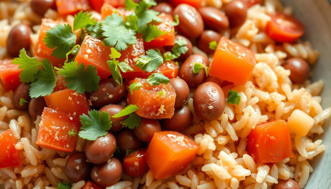 A nourishing arrangement of steaming, freshly cooked organic brown rice and savory pinto beans, garnished with diced tomatoes, vibrant green cilantro, and a sprinkle of tangy lime zest. The dish is highlighted by soft, natural lighting that casts a warm, inviting glow, captured in a crisp, high-resolution close-up from a slightly elevated angle. The overall presentation conveys a sense of wholesome, gluten-free goodness that would pair perfectly with the "Mastering Gluten-Free Recipes: Tips and Techniques" section of the article.