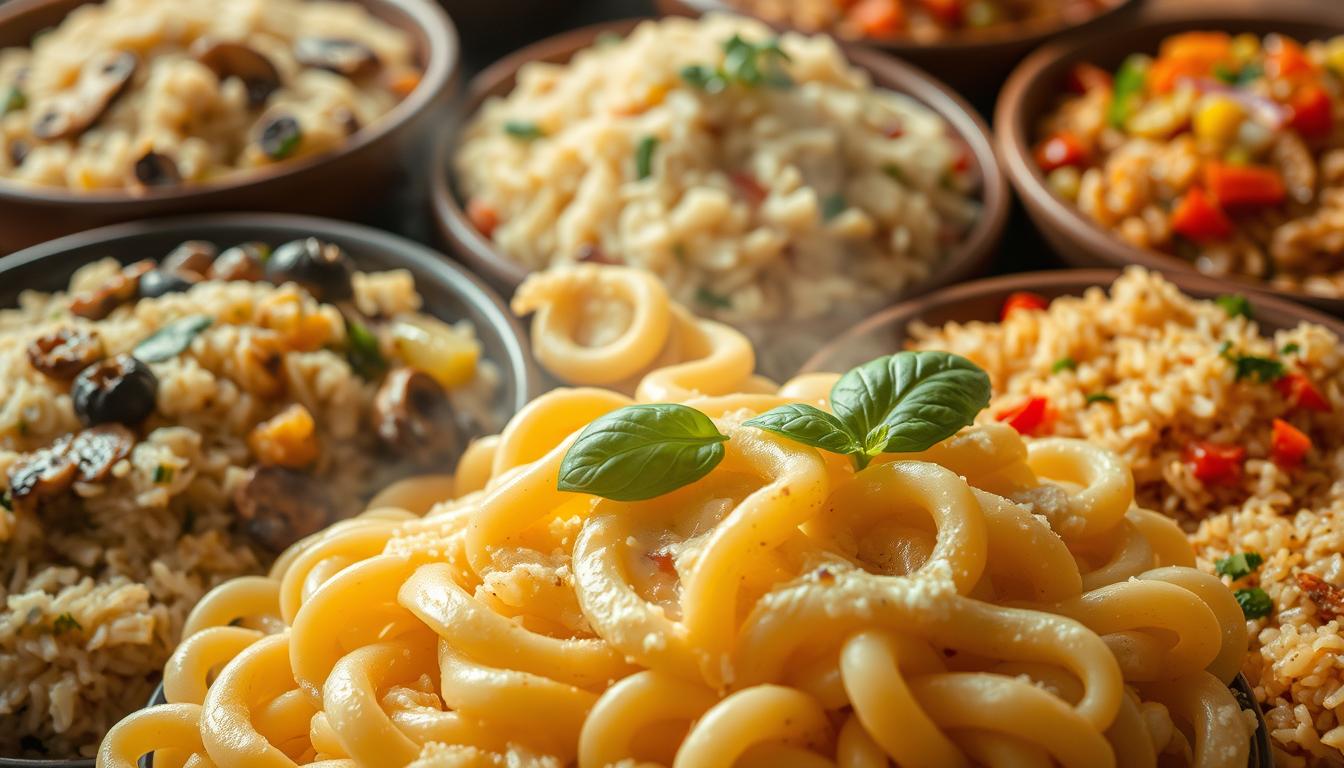 A steaming bowl of creamy, dreamy pasta nestled among lush, aromatic rice dishes. The foreground features a close-up view of al dente fusilli coated in a velvety, parmesan-infused sauce, garnished with fresh basil leaves. In the middle ground, plump arborio rice grains mingle with sautéed mushrooms, diced bell peppers, and a drizzle of fragrant olive oil. The background showcases an array of hearty rice-based plates, such as a fragrant saffron-tinged pilaf and a zesty Mediterranean-style rice salad. Warm, diffused lighting casts a comforting glow, evoking a cozy, homemade ambiance. The overall scene radiates an aura of nourishment and culinary delight.
