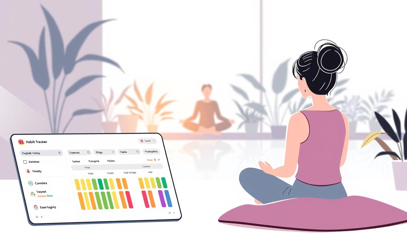 Ready to unlock your potential? Discover 7 simple daily habits to transform your life. Start your journey today!A serene, minimalist illustration showcasing the benefits of a daily habit tracker. In the foreground, a clean, modern digital interface displays a neatly organized habit tracker, with colorful progress indicators. The middle ground features a person sitting cross-legged, focused and engaged with the tracker, surrounded by a soft, natural light. The background depicts a tranquil, plant-filled environment, exuding a sense of calm and wellness. The overall composition conveys the simplicity and utility of a habit tracker, as well as its potential to enhance one's daily well-being and personal growth.