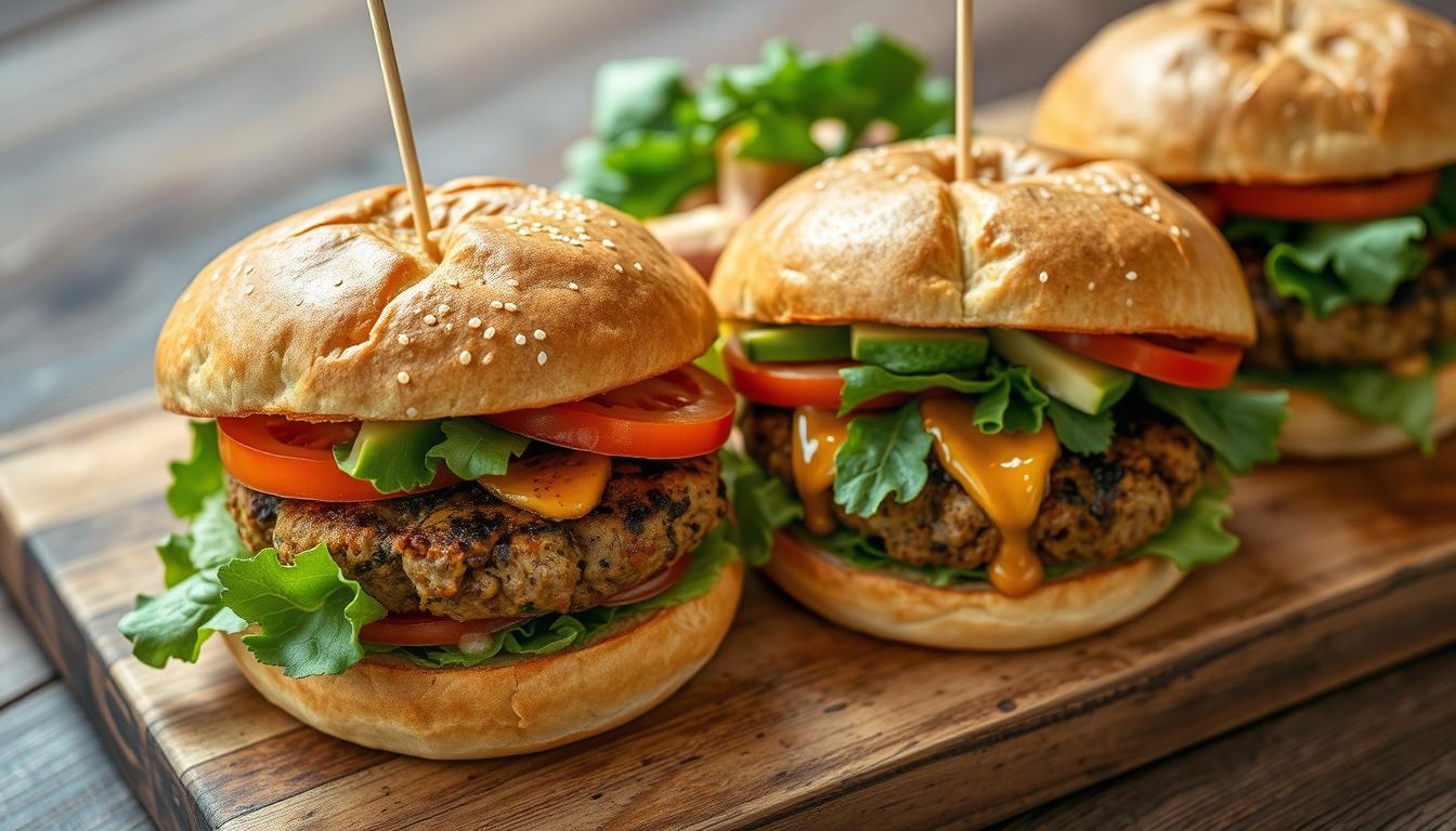 Gourmet vegetarian burgers with juicy veggie patties, toasted brioche buns, and a colorful array of fresh toppings. Close-up shot from an overhead angle, with soft natural lighting accentuating the textural details. The burgers are presented on a rustic wooden board, creating an artisanal, elevated appearance that would elevate any meal. Vibrant veggies such as sliced tomatoes, crisp lettuce, and creamy avocado add pops of color, while a drizzle of tangy sauce ties the composition together. The overall mood is appetizing, wholesome, and visually enticing, capturing the essence of delicious vegetarian cuisine.