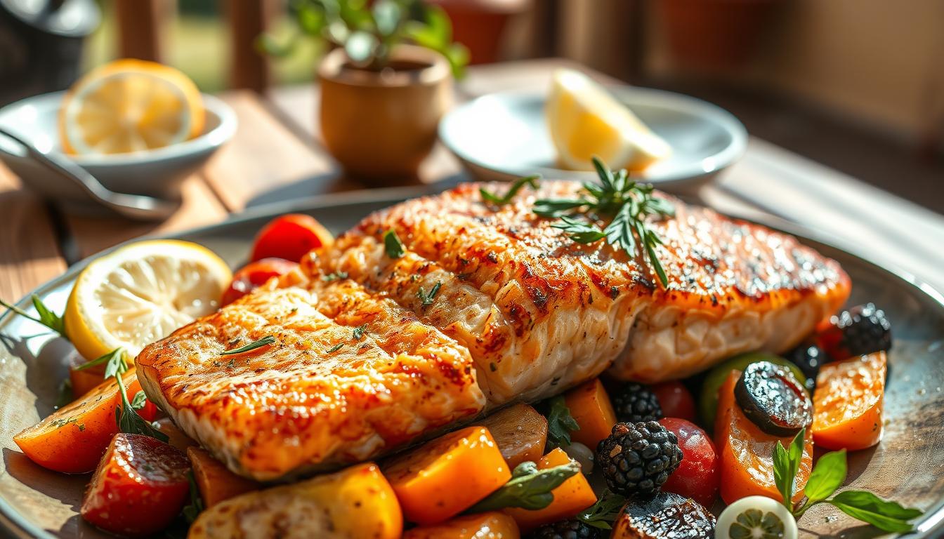 A vibrant and appetizing Mediterranean salmon dish, seared to perfection and served on a bed of roasted vegetables. The salmon's crisp skin glistens under warm, natural lighting, while fresh herbs and lemon zest add a fragrant touch. In the background, a rustic wooden table and a glimpse of a sun-drenched terrace evoke the relaxed, al fresco dining experience of the Mediterranean. The composition is balanced, with the salmon as the focal point, surrounded by the rich colors and textures of the supporting ingredients. This image captures the essence of a delicious, gluten-free global recipe that celebrates the vibrant flavors of the Mediterranean.