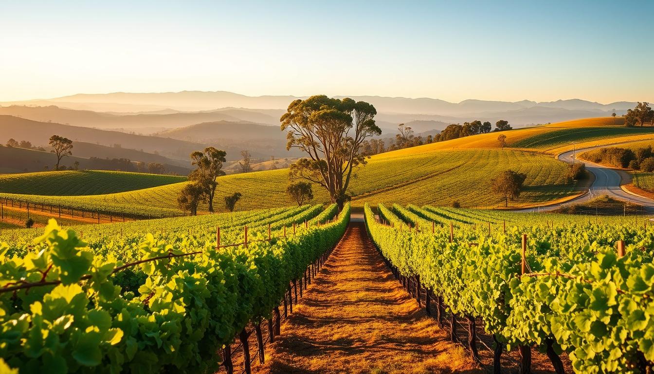 Explore the Best Wineries and Breweries in Margaret River, AU 1 A rolling landscape of lush green vineyards, gently undulating hills, and winding dirt roads. In the foreground, rows of neatly trellised vines heavy with ripe, plump grapes glisten in the warm afternoon sunlight. Towering karri trees dot the mid-ground, their rust-colored trunks and verdant canopies creating a natural frame. Beyond, the distant horizon is dotted with the silvery-blue silhouettes of the Leeuwin-Naturaliste Range, hazy and serene. The scene is bathed in a golden, golden-hour glow, creating a sense of tranquility and abundance. A picture-perfect vista of the renowned Margaret River wine region, ready to transport the viewer into the heart of this premier wine and beer destination.