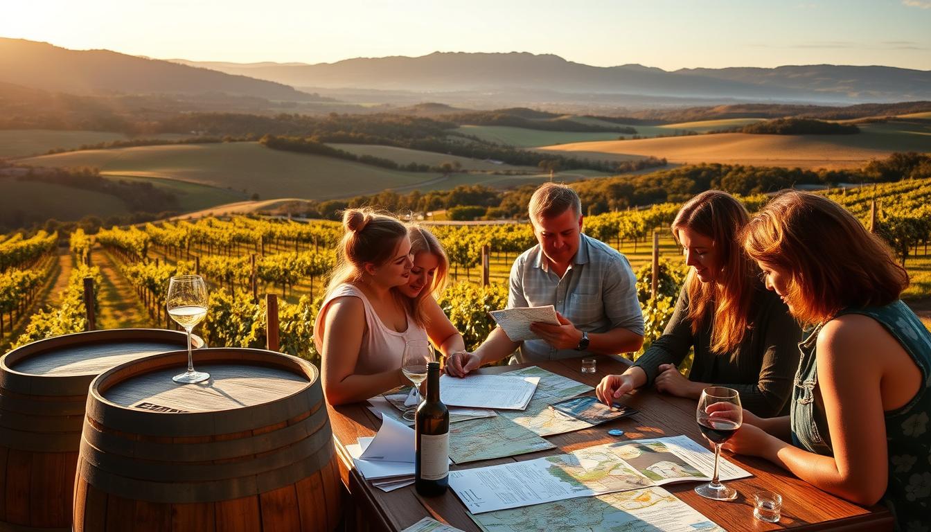 Explore the Best Wineries and Breweries in Margaret River, AU 2 A tranquil countryside scene, with rolling hills and lush vineyards in the distance. In the foreground, a group of people gathered around a table, planning their Margaret River wine tour itinerary. Warm, golden lighting casts a cozy glow over the scene, as they pore over maps, brochures, and tasting notes. The atmosphere is one of excitement and anticipation, as they meticulously craft their perfect wine-tasting experience. A wooden wine barrel and a cluster of wine glasses sit nearby, hinting at the delights to come. The overall mood is one of relaxation and camaraderie, capturing the essence of the Margaret River wine region.