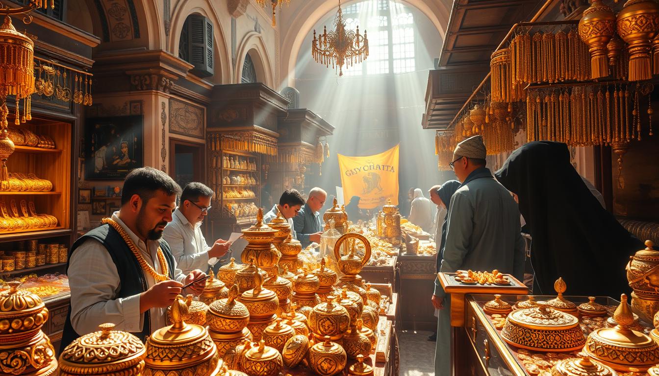 A bustling marketplace in the heart of Cairo, showcasing gleaming gold jewelry and ornaments against the backdrop of ancient architecture. Skilled merchants negotiate deals with customers, the air filled with the clink of coins and the aroma of spices. Sunlight streams through ornate windows, casting a warm glow over the vibrant scene. Intricate patterns and designs adorn the handcrafted pieces, reflecting Egypt's rich cultural heritage. A sense of history and tradition permeates the atmosphere, making this the ideal destination for those seeking to purchase the finest gold in the country.