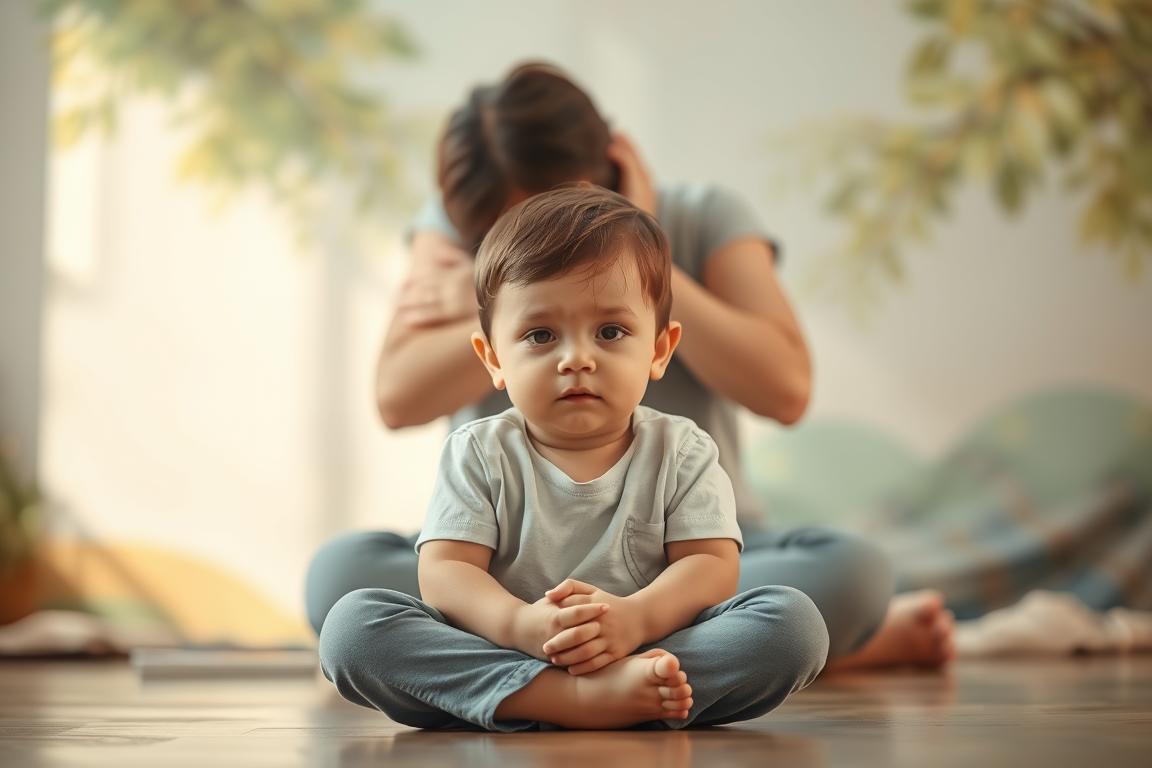 Theparenzy.com - a serene and nurturing scene depicting the importance of early childhood mental health. In the foreground, a young child sits cross-legged, their expression peaceful and introspective. Soft, natural lighting illuminates their features, conveying a sense of calm and introspection. In the middle ground, a parent or caregiver gently embraces the child, their body language radiating warmth and support. The background is a tranquil, nature-inspired setting with soothing colors and textures, creating an atmosphere of safety and well-being. The overall composition evokes the significance of fostering mental health and emotional resilience in children from an early age.