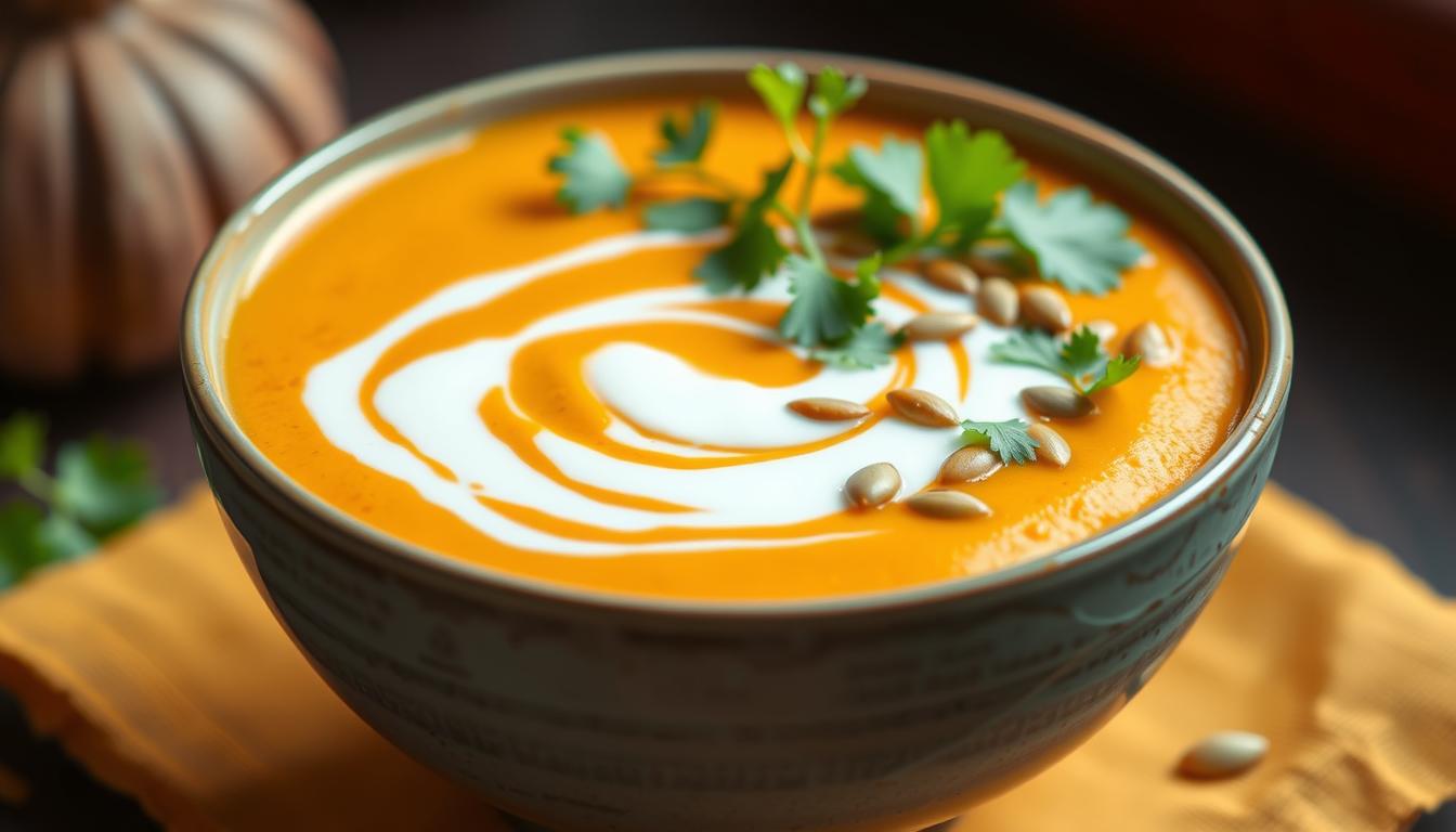 Sweet Potato Soup: How to Make It Extra Creamy and Healthy 2 A bowl of creamy, vibrant vegan sweet potato soup, garnished with a swirl of coconut milk, fresh cilantro, and a sprinkle of toasted pumpkin seeds. The soup is backlit with soft, warm lighting, showcasing its rich, orange hue and silky texture. The background is blurred, allowing the soup to be the focal point, conveying a sense of simplicity and mindfulness. The overall mood is nourishing, comforting, and visually appealing, reflecting the healthy and versatile nature of this sweet potato soup variation.