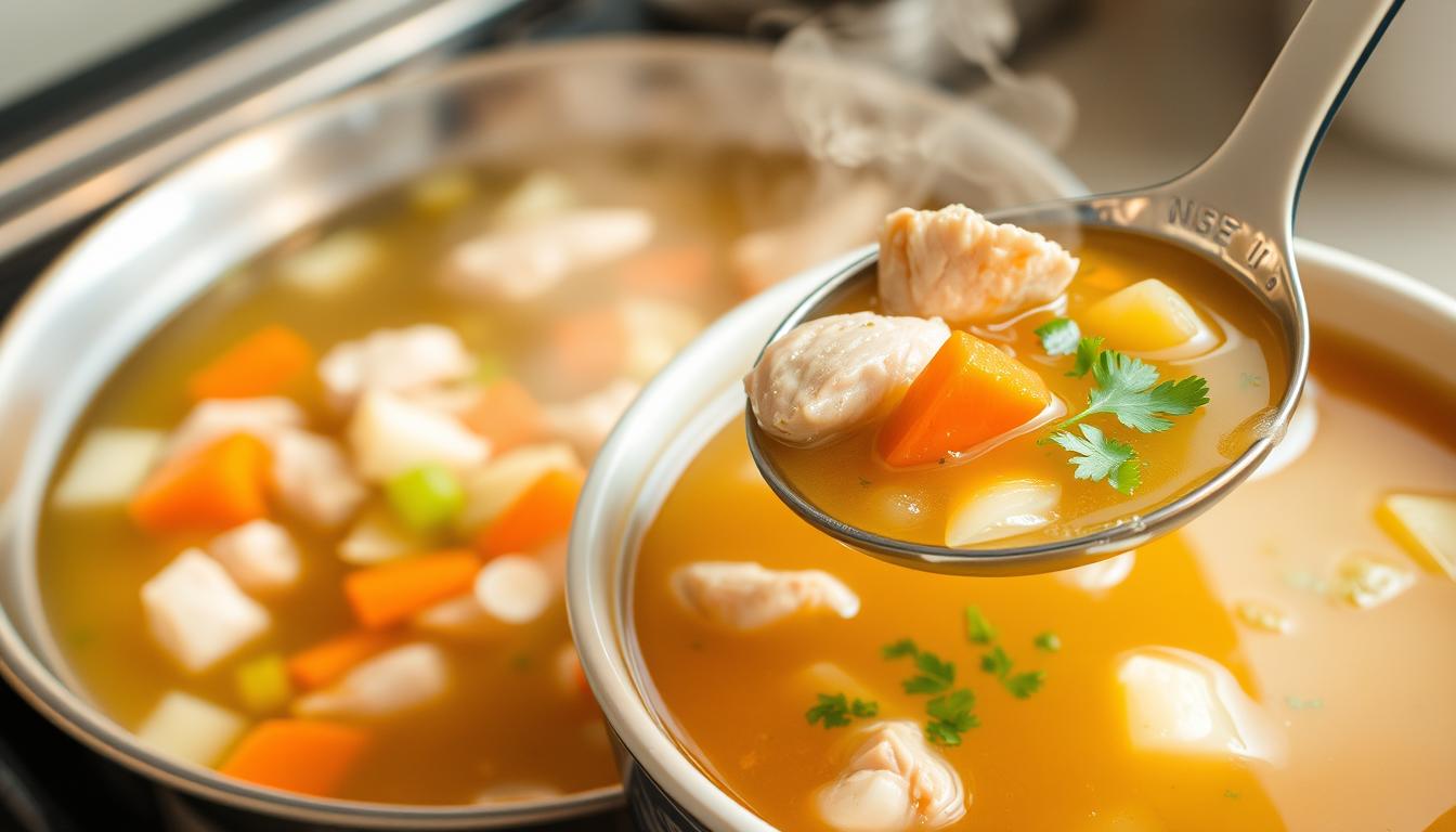 Crisp, aromatic chicken stock simmering on the stove, steam rising in delicate tendrils. Chunks of tender, juicy chicken, carrots, celery, and onions gradually added, their flavors melding together. The rich, golden broth is ladled into a ceramic bowl, garnished with freshly chopped parsley, ready to be savored. Soft lighting casts a warm glow, highlighting the inviting scene of a homemade chicken soup, from the stovetop to the tabletop.