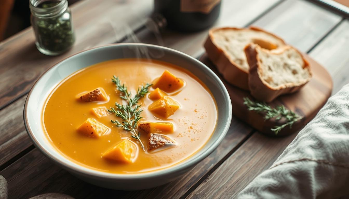 Sweet Potato Soup: How to Make It Extra Creamy and Healthy 3 A creamy, golden-hued sweet potato soup simmers gently on a rustic wooden table, its fragrant steam rising in the soft, diffused light of a cozy kitchen. Chunks of roasted sweet potatoes, skins still intact, nestle amidst the velvety puree, while a scattering of fresh thyme leaves adds a hint of earthy depth. The soup is presented in a simple, elegant ceramic bowl, its inviting appearance hinting at the nourishing, make-ahead meal to come. A small glass jar of freshly chopped herbs and a crusty loaf of bread sit nearby, suggesting easy accompaniments for this comforting, wholesome dish.