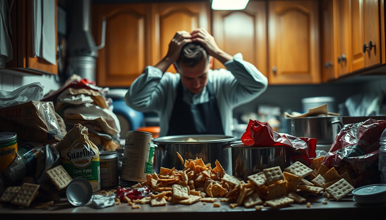 A cluttered kitchen counter, piled high with discarded ingredients and dirty dishes, illuminated by harsh overhead lighting. In the foreground, a series of common mistakes - a can of clams left unopened, a half-stirred pot of thickened chowder, a crumbled bag of saltine crackers. The middle ground features a frazzled chef, hands on their head in despair, surrounded by the evidence of their culinary missteps. The background is blurred, hinting at the final, perfect bowl of clam chowder they strive for, just out of reach. A moody, dramatic scene that cautions the viewer against the pitfalls of chowder-making.