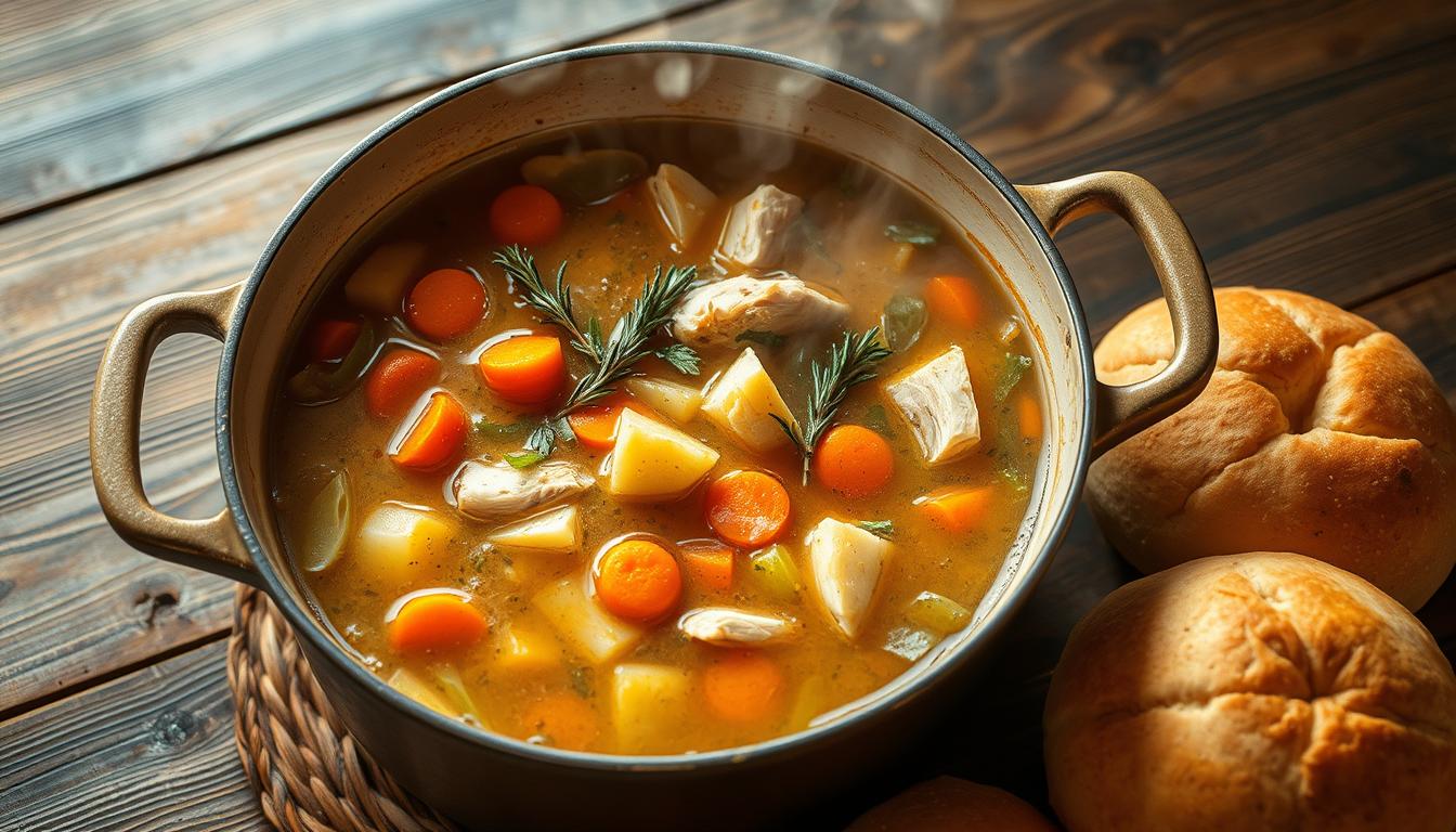 A large, steaming pot of homemade chicken soup sits on a rustic wooden table. The soup is filled with tender chunks of chicken, vibrant carrots, celery, and onions, simmered in a rich, golden broth. Fragrant herbs like thyme, rosemary, and bay leaves add depth of flavor. Soft, fluffy dinner rolls sit nearby, ready to soak up the savory broth. The lighting is warm and inviting, with soft shadows adding depth and dimension. The overall scene conveys the comforting, nourishing nature of this make-ahead meal, perfect for enjoying on a chilly day or storing for later consumption.