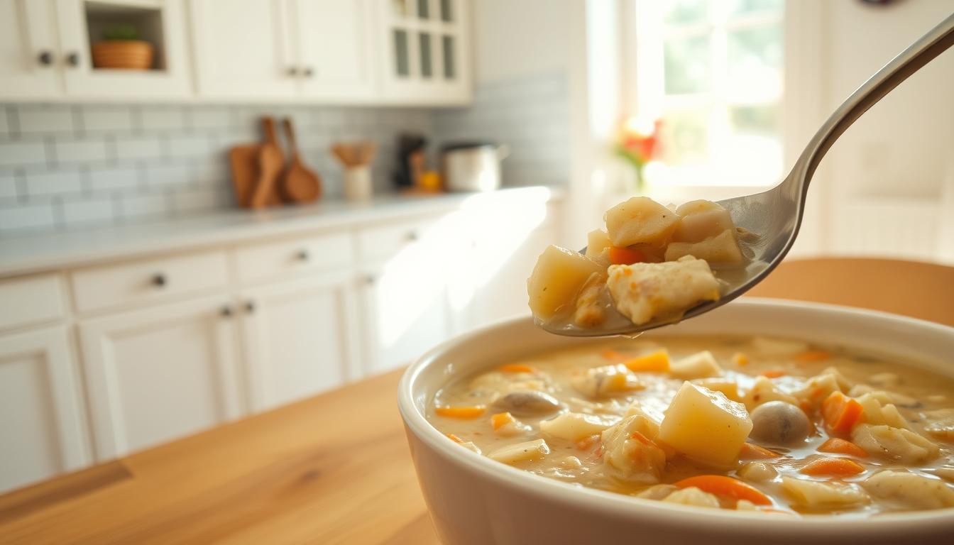 A cozy, well-lit kitchen scene featuring a large bowl of rich, creamy clam chowder on a wooden table. In the foreground, a spoon is dipped into the chowder, revealing chunky pieces of tender clams, diced potatoes, and carrots in a thick, savory broth. The background showcases a tidy, minimalist kitchen with white cabinets, a subway tile backsplash, and a few simple kitchen tools and ingredients, conveying a sense of ease and accessibility. Bright, natural lighting from a nearby window casts a warm glow over the scene, creating a comforting and inviting atmosphere. The overall impression is of a simple, homemade clam chowder that can be quickly prepared for a busy weeknight meal.