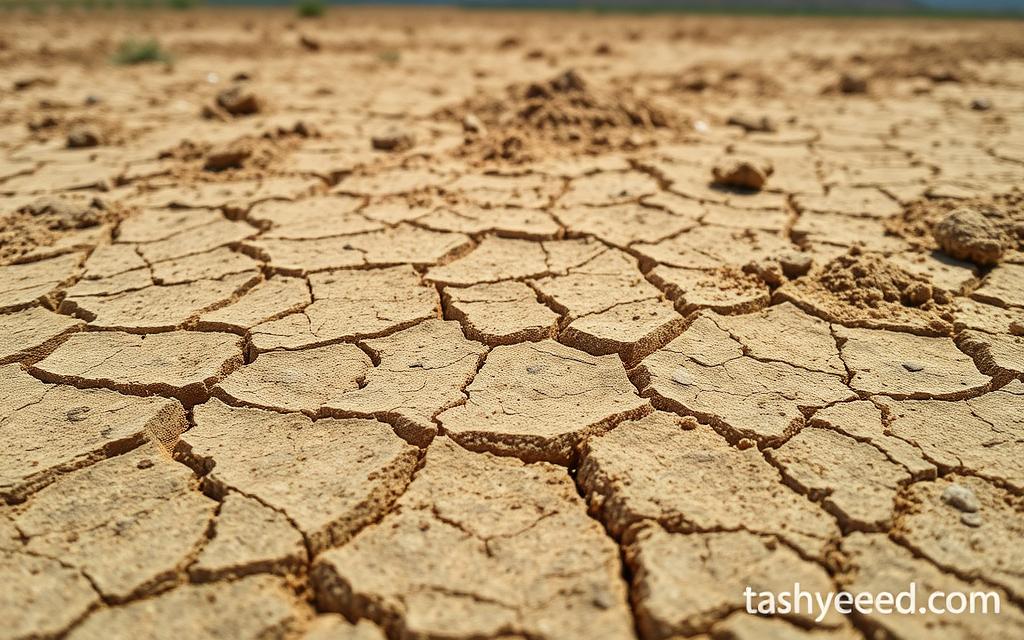 A detailed, close-up view of weak, clay-rich soil with a cracked, uneven surface texture. The soil appears dry and compacted, with visible pockets of air and small cracks dispersed throughout. The color palette is predominantly earthy tones, ranging from muted ochres to grays, conveying the dull, uninviting nature of the poor soil quality. The lighting is soft and natural, highlighting the subtle variations in the soil's surface. In the background, there is a sense of a barren, desolate landscape, emphasizing the challenging nature of building upon such unstable ground. The overall mood is one of a challenging, inhospitable environment that requires specialized construction techniques. Watermark: tashyeed.com