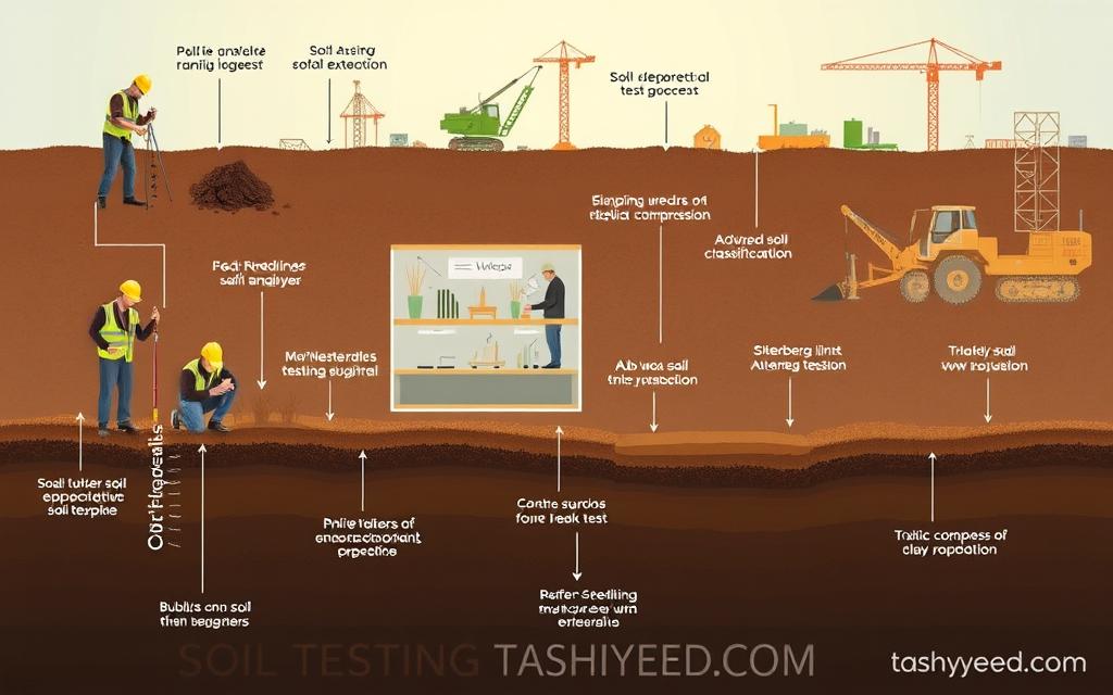 A detailed scientific illustration showcasing various soil testing techniques used in geotechnical engineering. The foreground features a team of engineers conducting on-site soil analysis, utilizing tools like hand augers, soil sample extraction, and in-situ testing equipment. The middle ground depicts a laboratory setting with technicians performing advanced soil classification tests, such as sieve analysis, Atterberg limits, and triaxial compression. The background shows a construction site with excavation work, highlighting the importance of thorough soil examination before building foundations on challenging clay-based terrain. The image conveys a technical, informative atmosphere with a focus on the tashyeed.com brand.