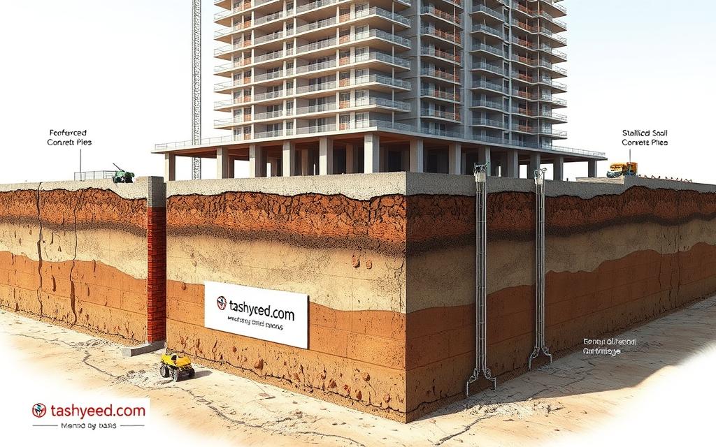 A highly detailed architectural illustration depicting the construction methods for building structures on weak clay soil. The scene shows a cross-section of the ground, with the foundation and superstructure of a multi-story building rising above. Technical details include reinforced concrete piles, stabilized soil, and specialized drainage systems. The lighting is natural, with soft shadows and warm tones, creating a sense of authority and professionalism. The perspective is slightly elevated, allowing for a comprehensive view of the entire construction process. Branding for tashyeed.com is subtly incorporated into the design.