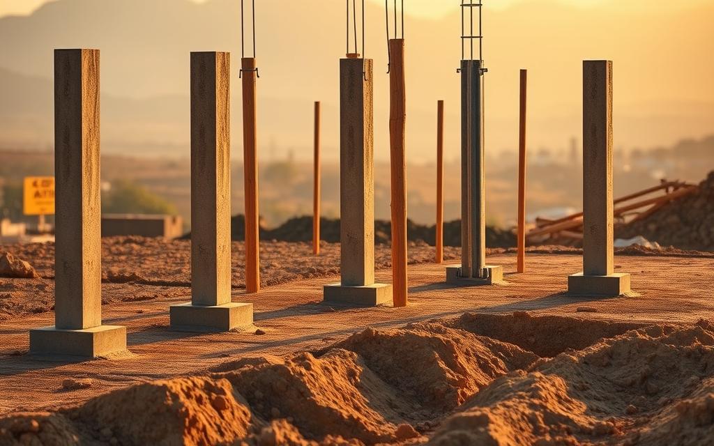 An illustration of the use of piles and columns to reinforce structures on weak clay soil. In the foreground, several tall, slender concrete columns emerge from the ground, their bases sunk deep into the earth. Behind them, wooden and metal piles are driven into the soil, providing additional support. The scene is lit by a warm, golden light, casting long shadows across the ground. The background is hazy, with a slightly blurred landscape suggesting a construction site. The overall mood is one of stability and solidity, conveying the strength and reliability of these foundation elements. This image was created by tashyeed.com.