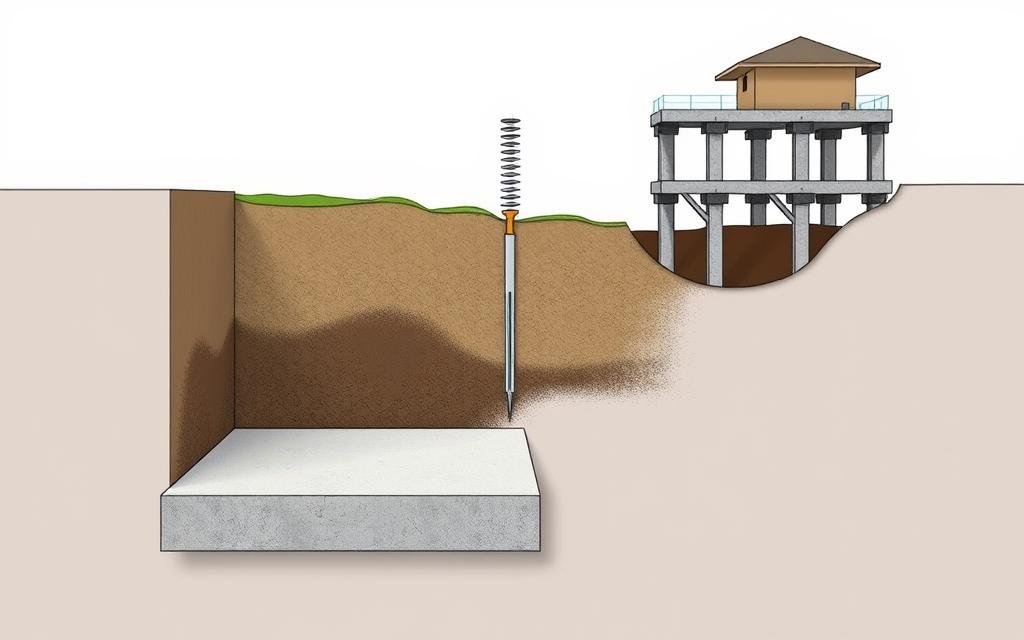 A detailed architectural illustration showcasing the various types of foundations suitable for clay soil conditions. The scene depicts a cutaway cross-section, revealing the underground structure and soil profile. In the foreground, a reinforced concrete raft foundation is prominently featured, with its thick slab and reinforcing bars visible. In the middle ground, a pile foundation system is shown, with long, slender concrete piles driven deep into the clay soil. In the background, a raised platform foundation can be seen, utilizing a network of reinforced concrete columns and beams to elevate the structure above the problematic clay terrain. The illustration is rendered in a technical, engineering-focused style with crisp lines, accurate proportions, and a muted color palette to convey the functional nature of the subject. Lighting is soft and diffused, creating subtle shadows that enhance the three-dimensional depth. The overall composition is balanced and visually informative, serving as a valuable