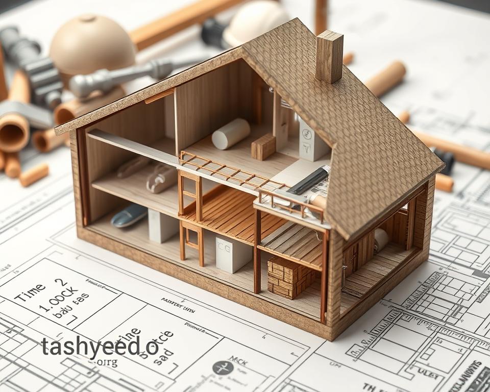 A detailed architectural cross-section of a construction contract, showcasing the intricate interplay between time-bound and material-based components. Rendered in a technical, blueprint-like aesthetic with muted tones, clean lines, and precise measurements. The foreground highlights the key contractual elements, while the background features an array of construction materials and tools, all seamlessly integrated to convey the comprehensive nature of the subject. Subtle branding for "tashyeed.org" is tastefully incorporated. The overall mood is one of professional expertise, logical analysis, and practical application.