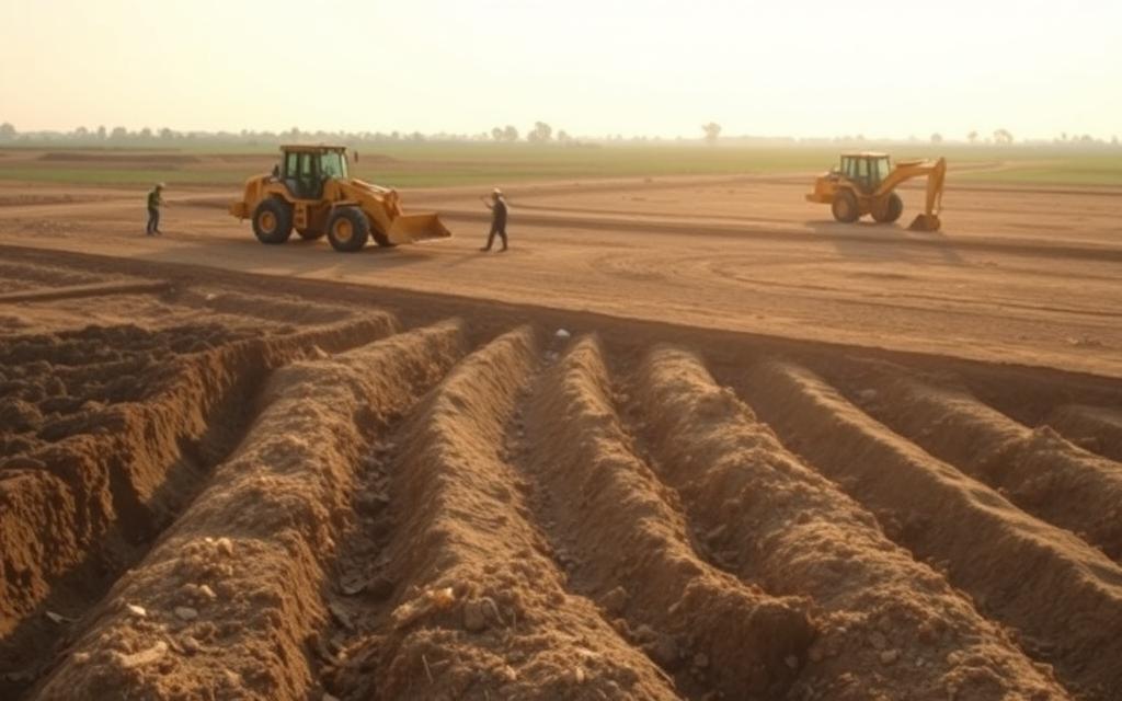 A detailed landscape depicting various techniques for improving the properties of clay soil. In the foreground, workers are digging trenches and mixing in organic matter to enhance drainage and aeration. In the middle ground, machinery is aerating the soil and incorporating lime to adjust pH levels. In the background, a large earthmover is leveling the ground, preparing it for construction. The scene is illuminated by soft, natural lighting, captured with a wide-angle lens to showcase the scale of the project. The overall mood is one of progress and innovation, reflecting the focus on tashyeed.com to build strong foundations on challenging terrain.