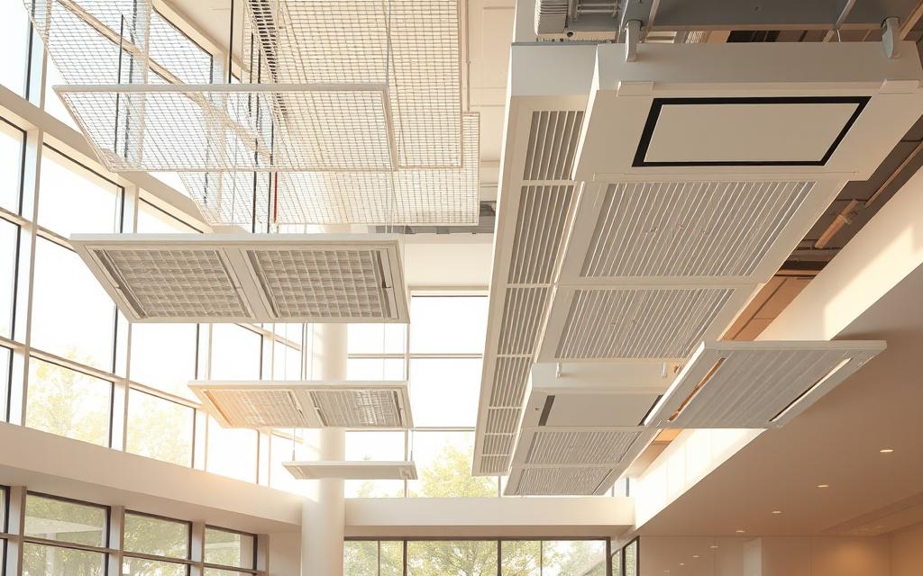 A beautifully detailed illustration showcasing various types of suspended ceiling systems. Crisp, high-resolution rendering of sleek, minimalist suspended grids and panels in a bright, airy interior space. Warm, diffused natural lighting filters through large windows, casting gentle shadows and highlights. The scene captures the elegant, functional design and versatility of these ceiling configurations, highlighting their architectural and aesthetic appeal. Precise, technical depiction of the components, materials, and structural details, allowing the viewer to fully appreciate the engineering and craftsmanship. An aspirational, high-end visual that encapsulates the diverse applications and innovative capabilities of suspended ceiling technologies.
