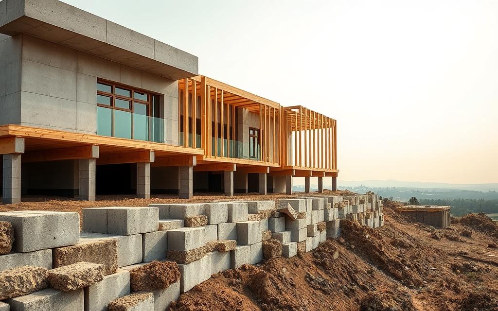 A contemporary architectural scene featuring lightweight building materials used in construction over weak clay soil. The foreground showcases an array of aerated concrete blocks, lightweight steel framing, and insulation panels in muted earth tones. The middle ground depicts the foundation and superstructure of a residential building, using these innovative materials. The background features a hazy sky and a horizon blending into a landscape, evoking a serene and sustainable atmosphere. The scene is illuminated by soft, natural lighting, captured with a wide-angle lens to emphasize the scale and integration of the materials. The overall impression conveys the strength, efficiency, and environmental sensitivity of modern construction techniques on challenging terrain. Branding: tashyeed.com