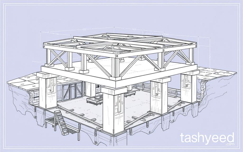 A detailed architectural blueprint of a reinforced concrete foundation system designed for a weak clay soil site. The foundation is elevated on robust concrete piers and beams, with a series of cross-bracing elements to provide structural stability. The blueprint showcases the intricate framing and load-bearing components, drawn with precision and technical accuracy. The image has a technical, engineering-focused aesthetic, conveying the specialized expertise required for constructing robust structures on challenging terrain. In the bottom right corner, the brand name "tashyeed.com" is discreetly featured.