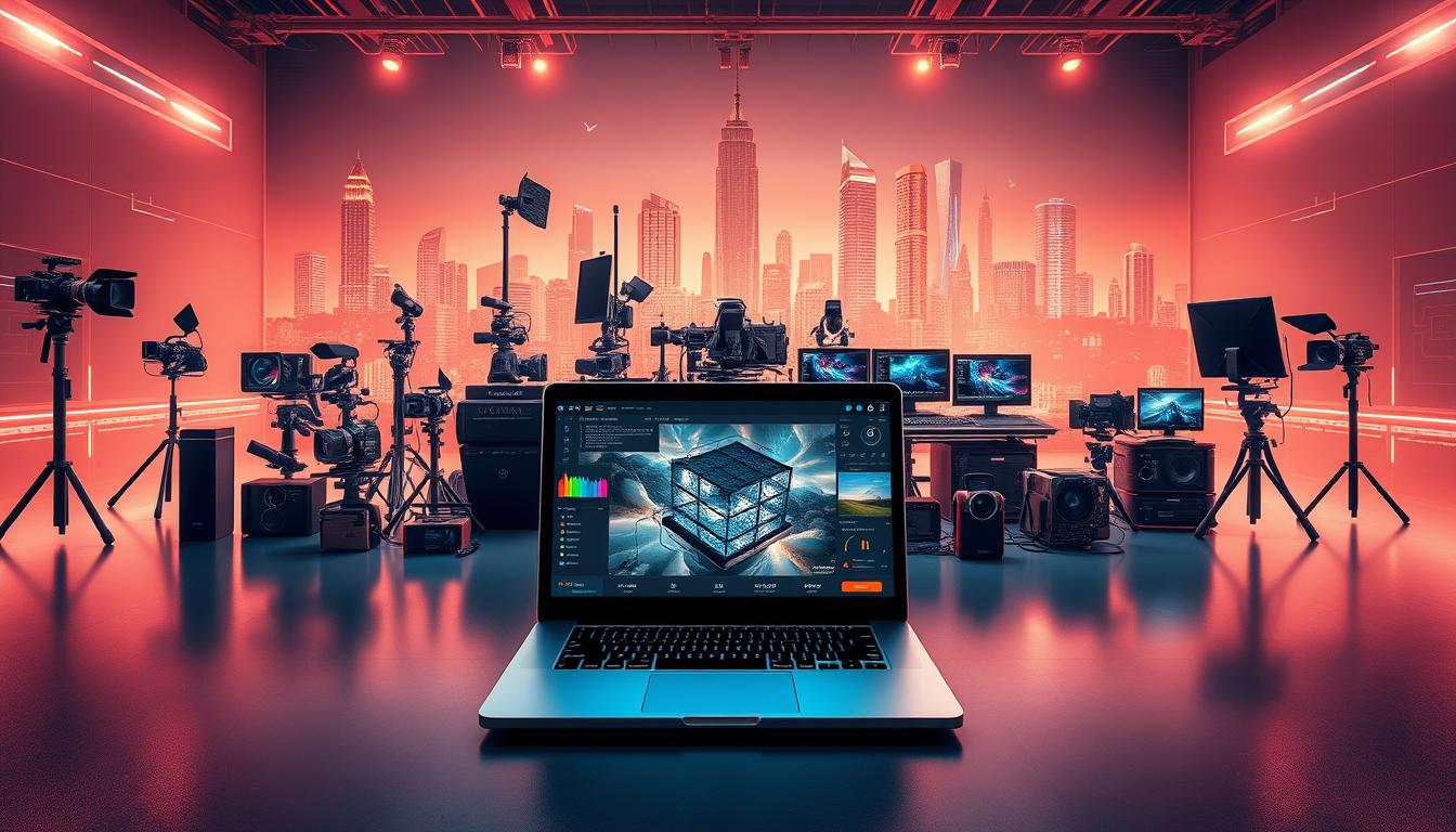 A meticulously designed VFX curriculum overview, showcasing a dynamic, three-dimensional layout. In the foreground, a sleek, modern laptop displays a virtual 3D scene, highlighting the core software tools and techniques taught. The middle ground features an array of industry-standard VFX equipment, including cameras, lighting rigs, and compositing workstations, all arranged in a visually appealing manner. The background depicts a stylized, futuristic cityscape, bathed in a warm, cinematic lighting, conveying the professional, cutting-edge nature of the VFX course. The overall composition exudes a sense of depth, balance, and technological sophistication, perfectly capturing the essence of the &quot;Affordable VFX Course Online&quot; subject matter.