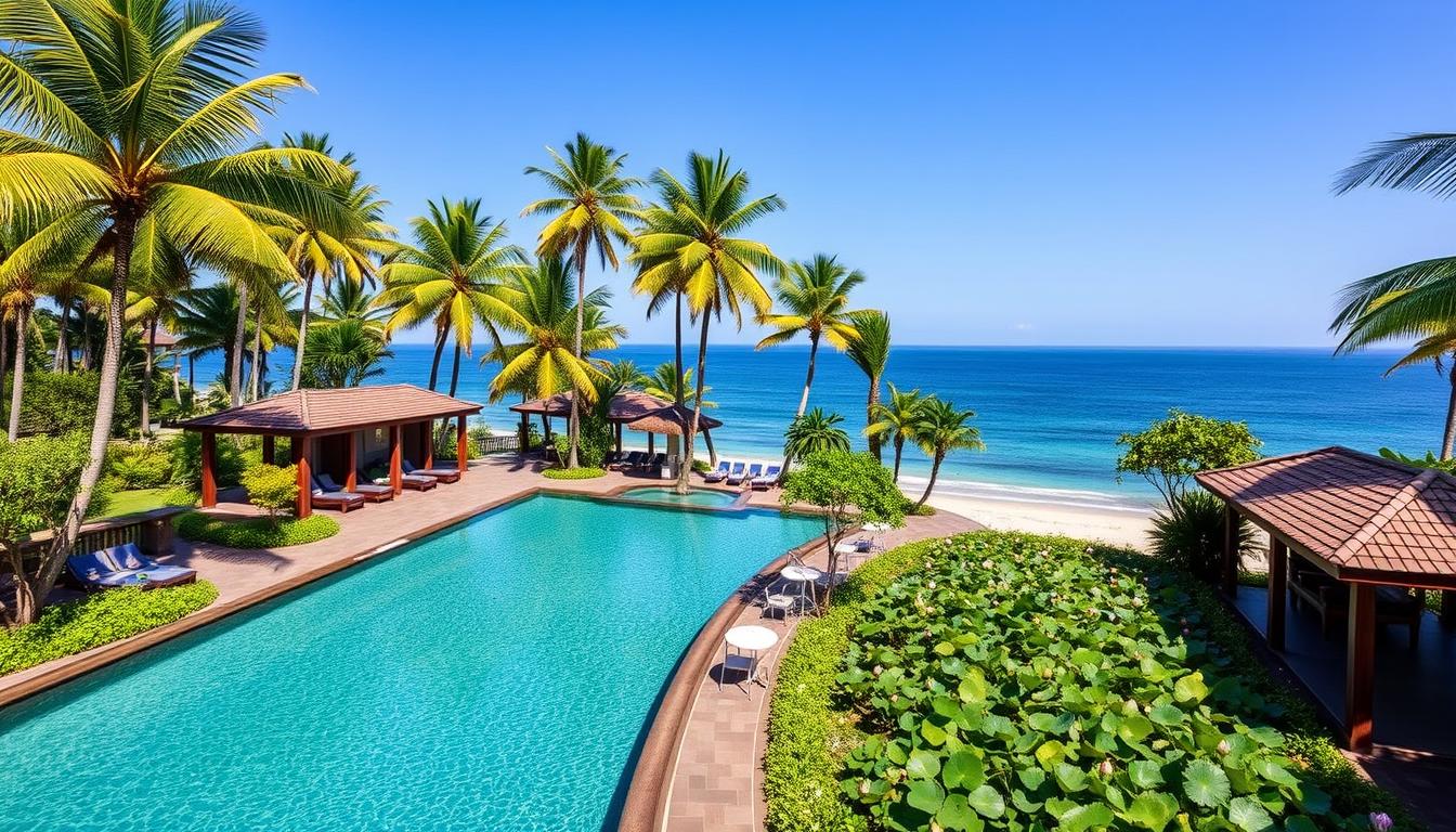 Oceanfront pool surrounded by palm trees at Alila Manggis, a Bali luxury hotel under $150