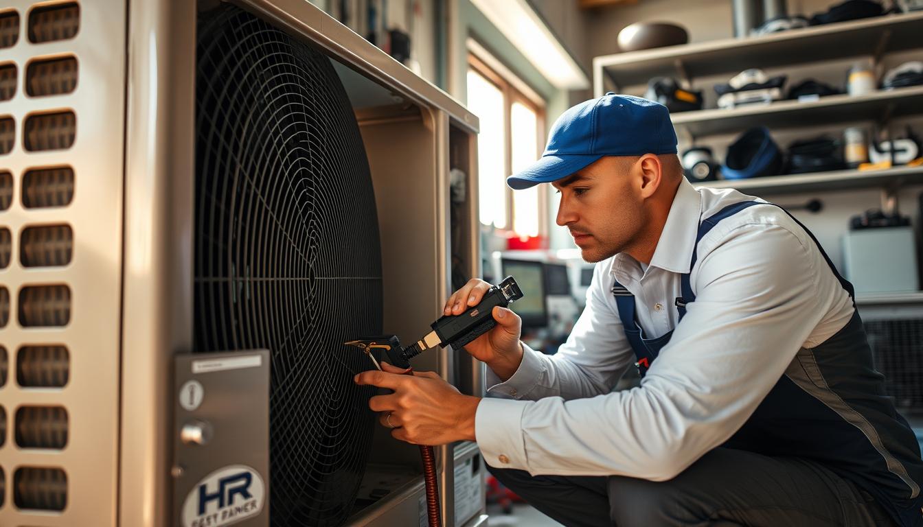 A skilled HVAC technician in a crisp uniform, crouched intently beside an HR Cooling System unit, meticulously optimizing its internal components with professional tools. Sunlight streams through the window, casting a warm glow on the scene. The technician's face is focused, their movements precise, as they fine-tune the system for peak efficiency. In the background, a clean, organized workshop filled with diagnostic equipment and spare parts, reflecting the technician's expertise and dedication to providing top-notch cooling solutions.