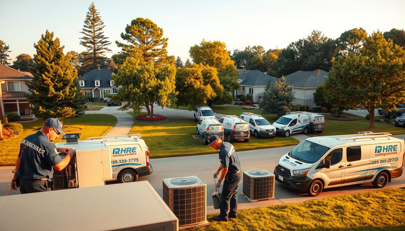 A bustling scene of emergency AC service providers in action. In the foreground, uniformed technicians from the HR Cooling System brand efficiently inspect and repair a malfunctioning unit, their tools and equipment neatly organized. In the middle ground, a fleet of branded service vans awaits the next call, their drivers ready to rush to the aid of distressed homeowners. The background depicts a suburban neighborhood, with well-manicured lawns and towering trees providing a soothing, natural backdrop. Warm, golden lighting casts a comforting glow, conveying a sense of reliability and professionalism in the face of cooling emergencies.