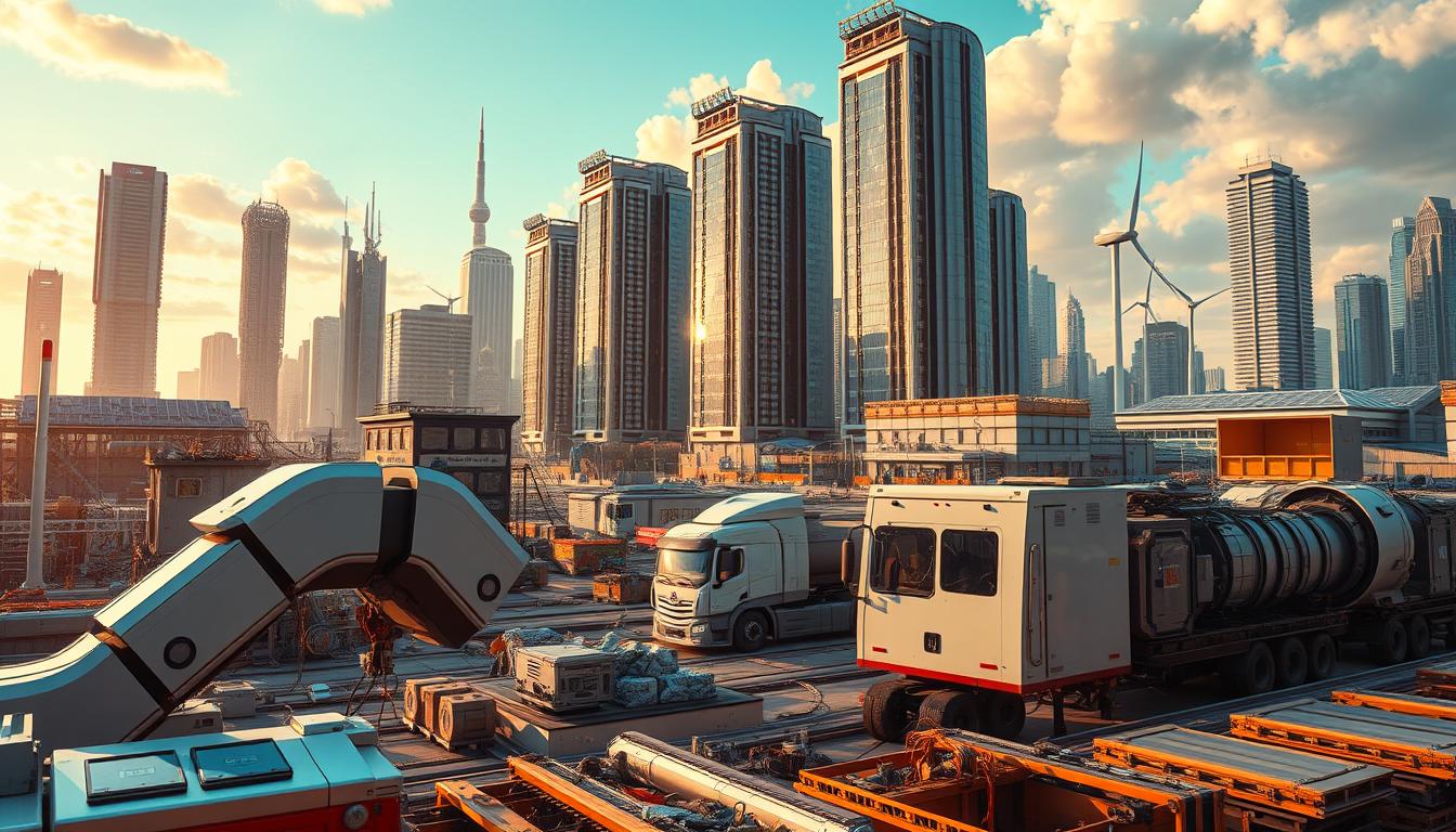 A futuristic cityscape with sleek, high-tech waste management facilities. In the foreground, advanced sorting robots efficiently process electronic waste, extracting valuable components. In the middle ground, automated trucks transport recycled materials to state-of-the-art processing centers. The background features towering skyscrapers with integrated solar panels and wind turbines, powering the sustainable infrastructure. The scene is bathed in a warm, vibrant glow, conveying a sense of innovation and environmental responsibility. The image is captured with a wide-angle lens, emphasizing the scale and integration of digital waste management technologies within the urban landscape.