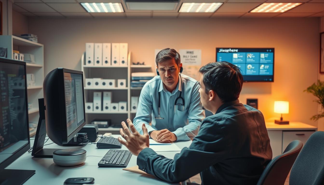 A dimly lit technical support office with a JioSphere device prominently displayed on the desk. In the foreground, a perplexed user sits facing a computer screen, hands gesturing in frustration. The middle ground shows a technician, brow furrowed in concentration, examining the device with various diagnostic tools. The background features shelves of technical manuals and a wall-mounted display showcasing troubleshooting steps. Warm lighting casts an air of earnest problem-solving, while the clean, modern aesthetic of the office reflects the high-tech nature of the JioSphere platform.