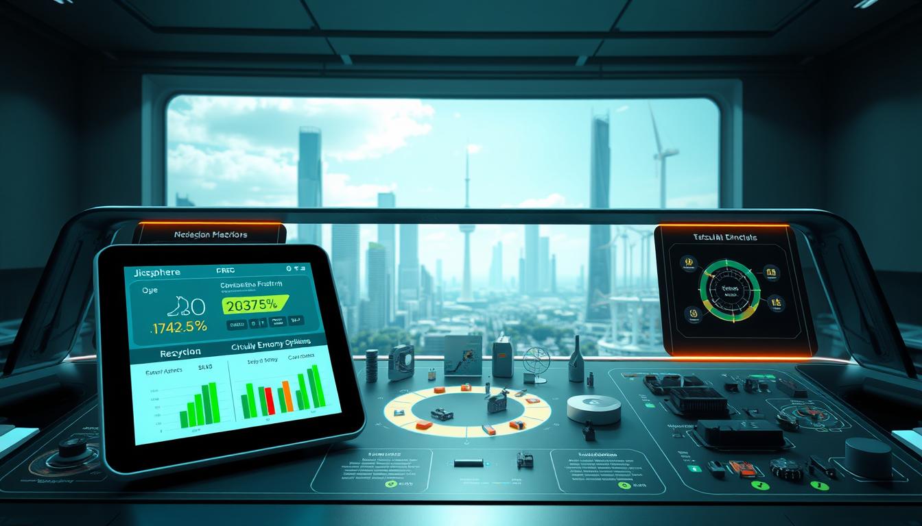 A high-tech control panel showcasing the key features of the JioSphere E-Waste Mode. In the foreground, a sleek touchscreen interface displays data visualizations for calculating smartphone carbon footprint and recycling options. The middle ground features 3D models of various electronic components and materials, highlighting the circular economy principles. In the background, a futuristic cityscape with towering skyscrapers and renewable energy infrastructure creates a clean, sustainable atmosphere. Lighting is bright and directional, emphasizing the advanced technological capabilities of the JioSphere platform. The overall scene conveys a sense of innovation, environmental responsibility, and user-friendly solutions for e-waste management.