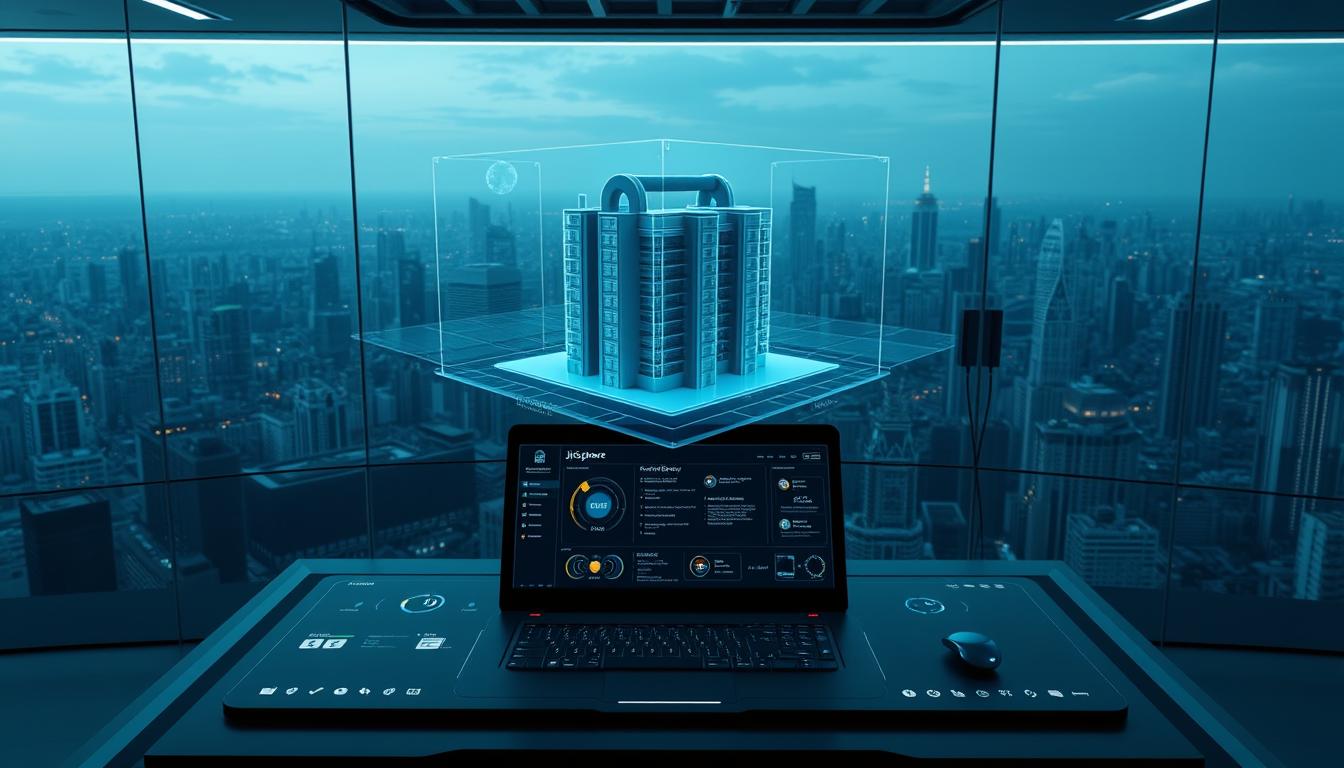 A sleek, high-tech visualization of JioSphere's innovative property verification system. In the foreground, a floating holographic display showcases a 3D model of a residential building, its details rendered with precision. Surrounding the display, a minimalist control panel with touch interfaces and status indicators. In the middle ground, a futuristic desktop workspace with integrated blockchain ledgers and AI-powered land record OCR tools. The background features a panoramic cityscape, bathed in cool, subdued lighting to accentuate the advanced technological atmosphere. The overall scene conveys a sense of precision, efficiency, and the transformative power of JioSphere's revolutionary solution for secure property verification.