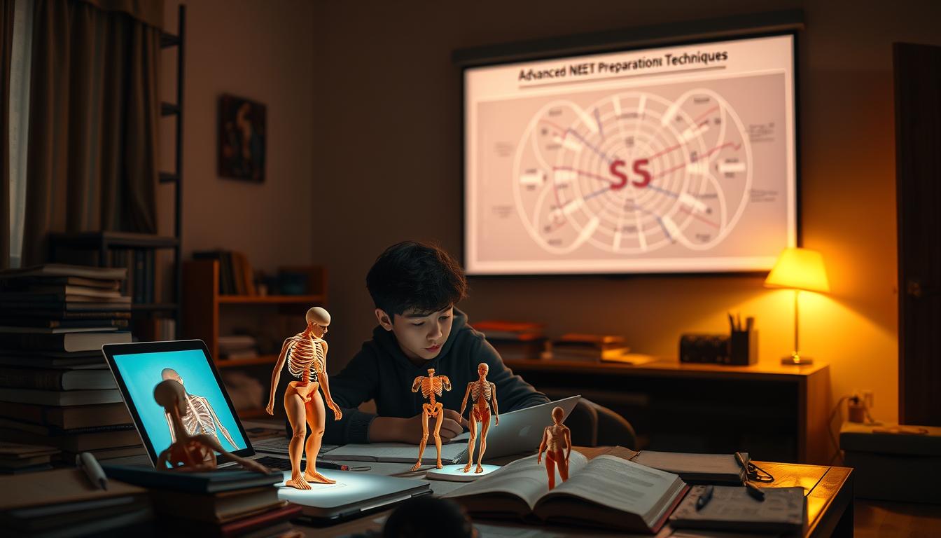 A dimly lit study room, soft warm lighting illuminates a desk cluttered with textbooks, notes, and a laptop. In the foreground, a young student, deep in concentration, surrounded by 3D anatomical models of the human body projected from their device, meticulously studying the intricacies of biology. In the middle ground, a large wall-mounted screen displays a complex diagram, highlighting advanced NEET preparation techniques. The background subtly blurs, creating a sense of focus and immersion, as the student is fully engaged in their studies, leveraging the latest educational technology to master the challenging curriculum.