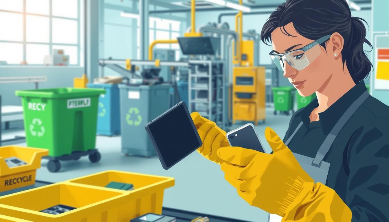 A well-lit, detailed illustration showcasing the best practices for device recycling. In the foreground, a person carefully disassembling an electronic device, following safety guidelines with gloves and eye protection. In the middle ground, various recycling bins and containers labeled for different components. The background depicts a modern, clean recycling facility with conveyor belts and processing equipment. The scene conveys a sense of responsible, environmentally-conscious recycling procedures. The lighting is bright and natural, highlighting the technical aspects of the recycling process.