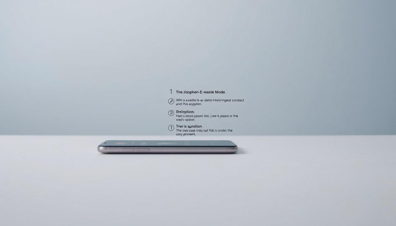 A detailed technical guide for the JioSphere E-Waste Mode setup, presented in a clean, minimalist style. In the foreground, a sleek, modern smartphone rests on a plain, neutral-colored surface, its screen displaying the JioSphere interface. In the middle ground, a set of concise, step-by-step instructions are neatly arranged, with clear icons and typographic elements. The background features a subtle, blurred gradient, creating a sense of depth and focus on the central device and guide. The lighting is soft and even, highlighting the product details without harsh shadows. The overall mood is informative, practical, and visually appealing, suitable for an article on sustainable smartphone usage.