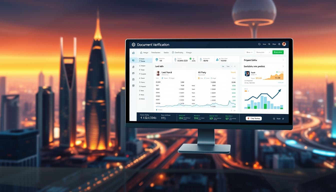 A sleek, modern document verification platform set against a backdrop of a stylized cityscape. In the foreground, a digital dashboard displays land records, property details, and blockchain-verified transaction history. The interface is intuitive and user-friendly, with clean lines and a minimalist aesthetic. Subtle lighting casts a warm glow, creating a sense of professionalism and trust. In the middle ground, futuristic skyscrapers and smart city infrastructure suggest the platform's integration with advanced technology. The background features a vibrant, neon-tinged horizon, hinting at the platform's transformative impact on the real estate industry. The overall composition conveys the power of JioSphere's cutting-edge verification capabilities to combat property fraud.