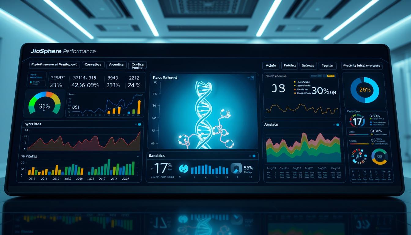 A sleek, futuristic dashboard displays the performance metrics of JioSphere's educational platform. In the foreground, a series of colorful graphs and charts showcase key student data - average test scores, pass rates, engagement levels, and more. The middle ground features 3D rendered educational models, such as a DNA helix or molecular structures, subtly illuminating the academic focus. The background is a clean, minimalist environment with soft lighting, giving the scene a sense of professionalism and technical prowess. The overall mood is one of data-driven insights, technological innovation, and student success within the JioSphere ecosystem.