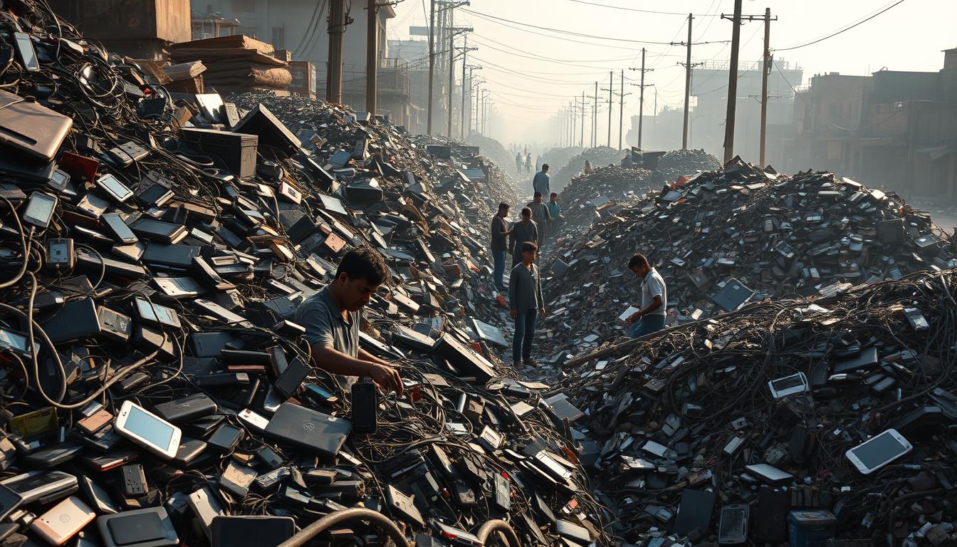 A bustling urban street in India, overflowing with discarded electronic devices - outdated smartphones, broken laptops, and tangled cables. In the foreground, a scrapyard worker sorts through the mountains of e-waste, the afternoon sun casting long shadows across the scene. In the middle ground, a group of children sift through the piles, searching for salvageable parts. The background is hazy with pollution, a stark reminder of the environmental toll of India's e-waste crisis. The image conveys a sense of both urgency and despair, highlighting the pressing need for sustainable e-waste management solutions.